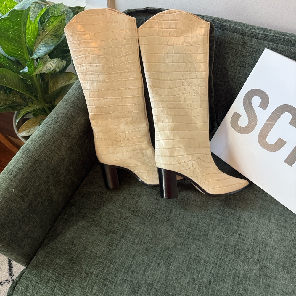 SCHUTZ Cream Croc-Embossed Heeled Boots